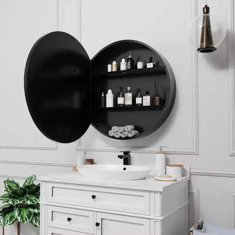 PexFix 24 in Round Black Medicine Cabinet with Mirror Surface Mount Metal Frame Bathroom Cabinet Wall Mounted Vanity Mirror Detachable Shelves