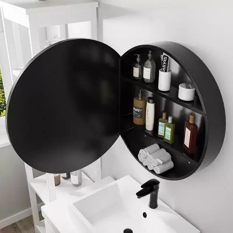 PexFix 24 in Round Black Medicine Cabinet with Mirror Surface Mount Metal Frame Bathroom Cabinet Wall Mounted Vanity Mirror Detachable Shelves