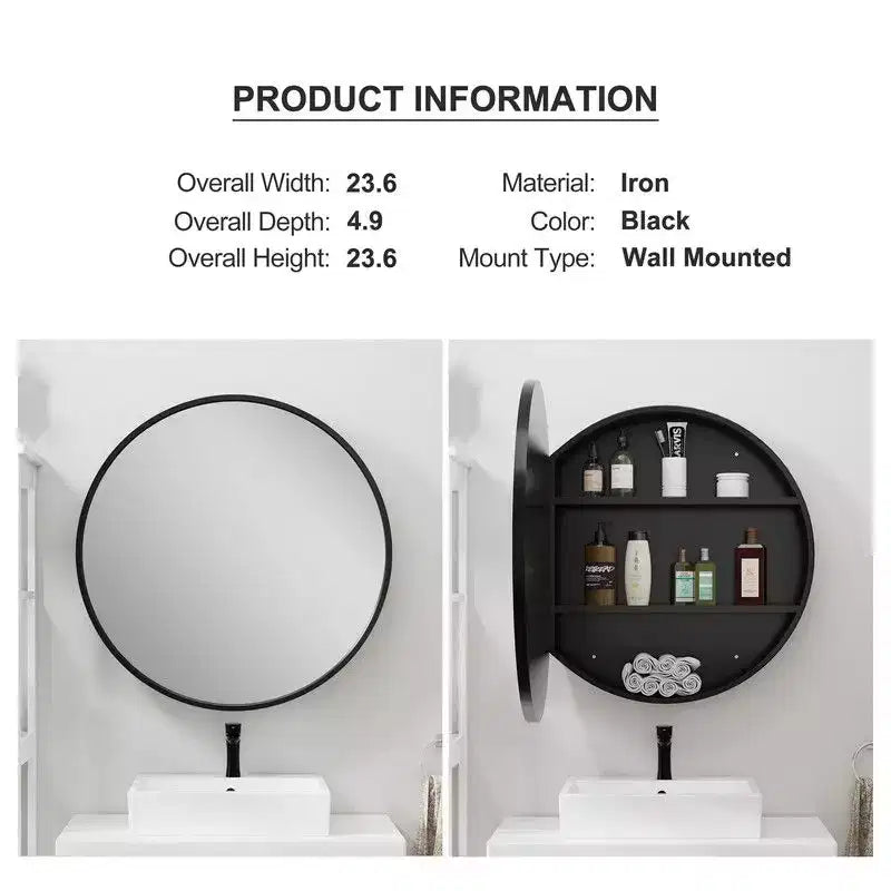 PexFix 24 in Round Black Medicine Cabinet with Mirror Surface Mount Metal Frame Bathroom Cabinet Wall Mounted Vanity Mirror Detachable Shelves
