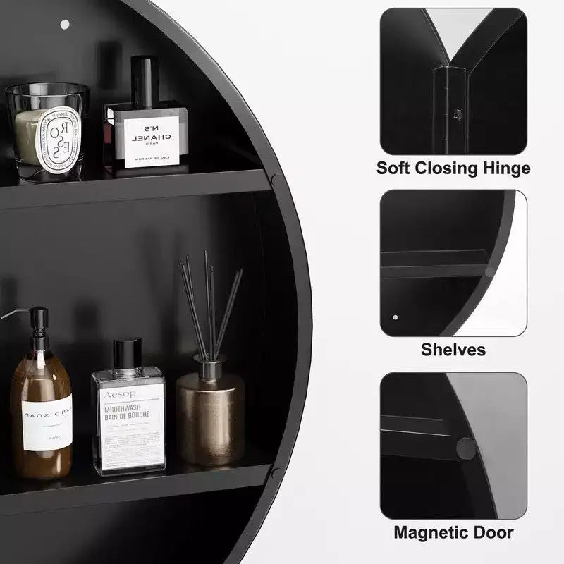 PexFix 24 in Round Black Medicine Cabinet with Mirror Surface Mount Metal Frame Bathroom Cabinet Wall Mounted Vanity Mirror Detachable Shelves
