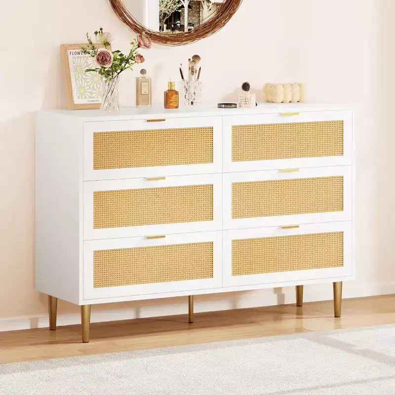 6-Drawer Rattan Dresser - Gold Accent Modern Storage Chest for Bedroom & Living Room