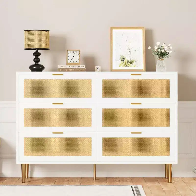 6-Drawer Rattan Dresser - Gold Accent Modern Storage Chest for Bedroom & Living Room