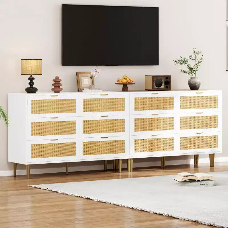 6-Drawer Rattan Dresser - Gold Accent Modern Storage Chest for Bedroom & Living Room