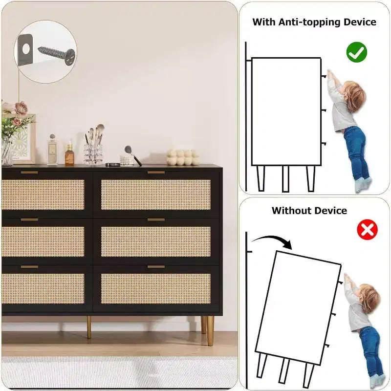 6-Drawer Rattan Dresser - Gold Accent Modern Storage Chest for Bedroom & Living Room