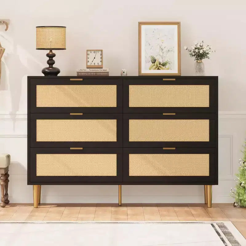 6-Drawer Rattan Dresser - Gold Accent Modern Storage Chest for Bedroom & Living Room