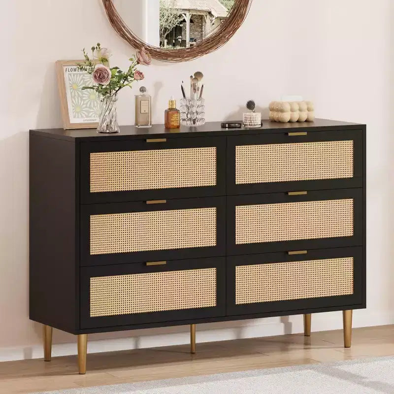6-Drawer Rattan Dresser - Gold Accent Modern Storage Chest for Bedroom & Living Room