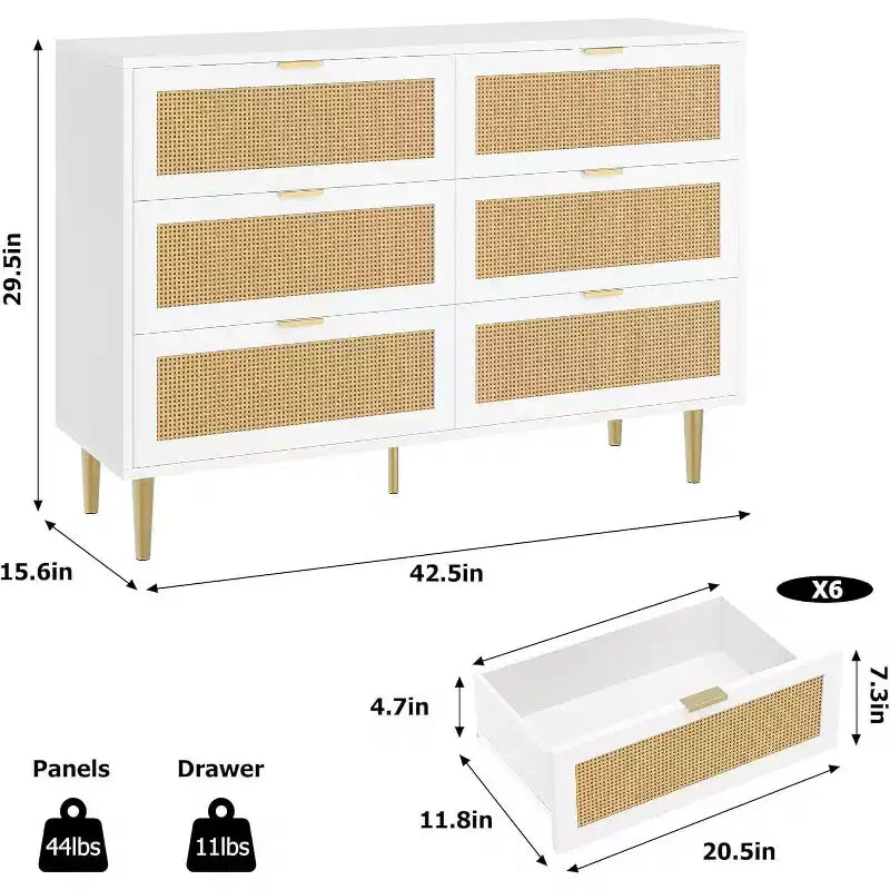 6-Drawer Rattan Dresser - Gold Accent Modern Storage Chest for Bedroom & Living Room