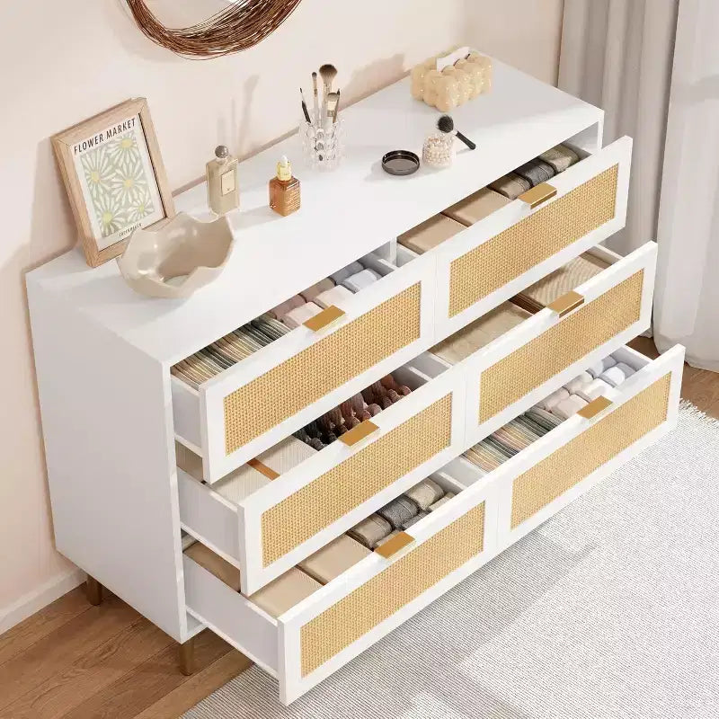6-Drawer Rattan Dresser - Gold Accent Modern Storage Chest for Bedroom & Living Room