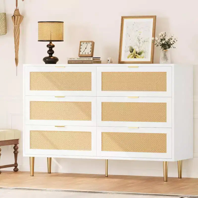 6-Drawer Rattan Dresser - Gold Accent Modern Storage Chest for Bedroom & Living Room