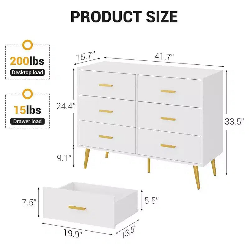 Modern 6 Drawer Dresser with Storage Space, Wooden Dresser with Gold Handles, Chest Dresser with Deep Drawers for Bedroom, Living Room, Office