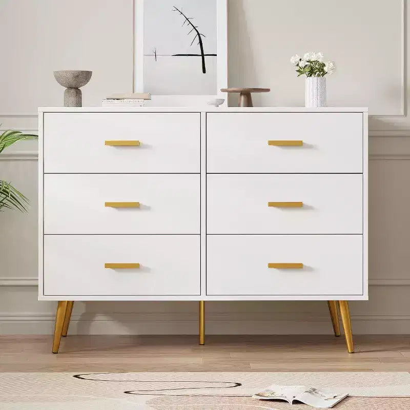 Modern 6 Drawer Dresser with Storage Space, Wooden Dresser with Gold Handles, Chest Dresser with Deep Drawers for Bedroom, Living Room, Office