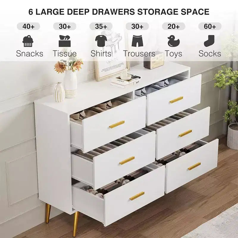 Modern 6 Drawer Dresser with Storage Space, Wooden Dresser with Gold Handles, Chest Dresser with Deep Drawers for Bedroom, Living Room, Office