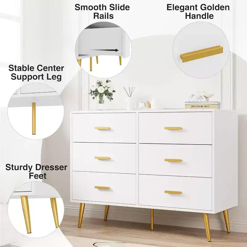 Modern 6 Drawer Dresser with Storage Space, Wooden Dresser with Gold Handles, Chest Dresser with Deep Drawers for Bedroom, Living Room, Office