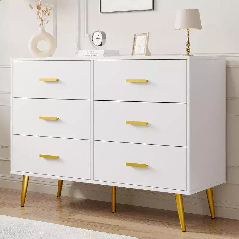 Modern 6 Drawer Dresser with Storage Space, Wooden Dresser with Gold Handles, Chest Dresser with Deep Drawers for Bedroom, Living Room, Office