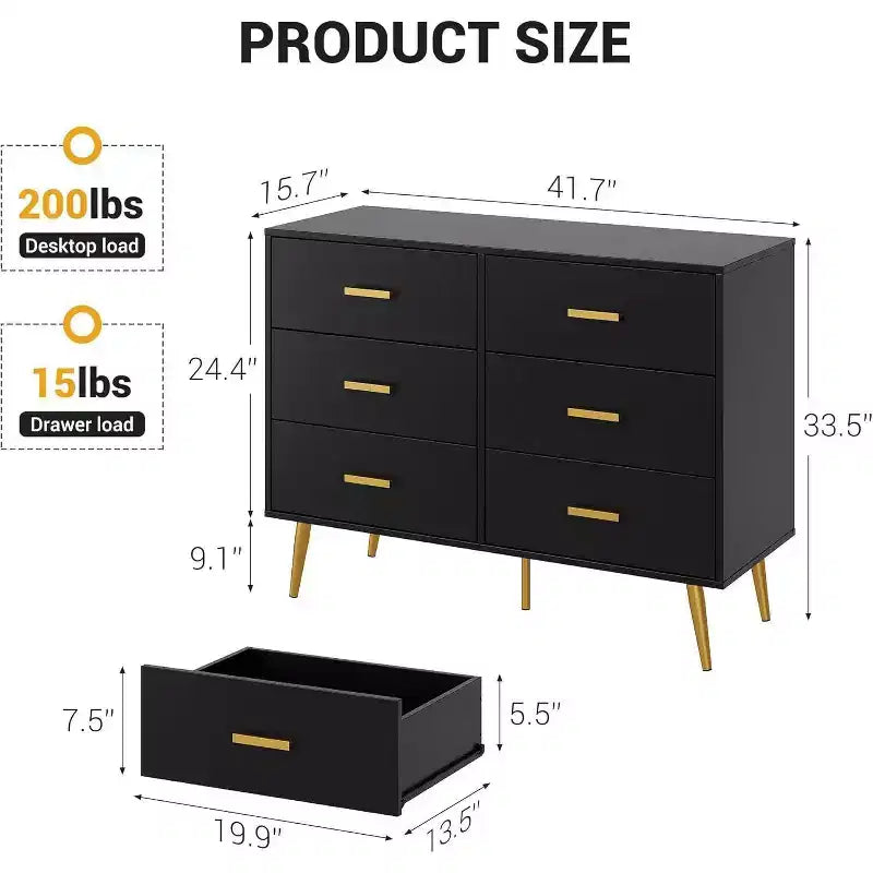 Modern 6 Drawer Dresser with Storage Space, Wooden Dresser with Gold Handles, Chest Dresser with Deep Drawers for Bedroom, Living Room, Office