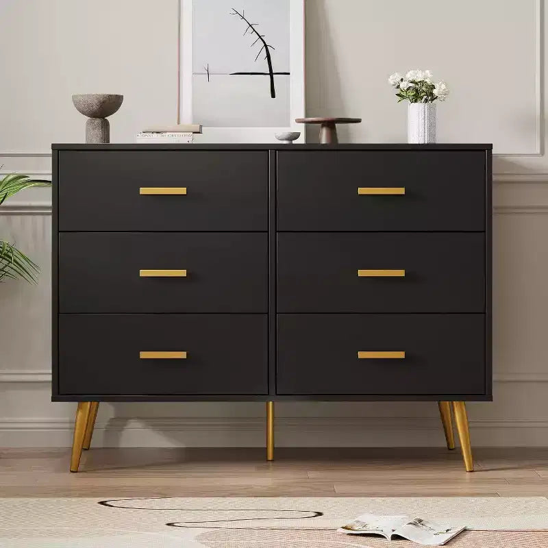 Modern 6 Drawer Dresser with Storage Space, Wooden Dresser with Gold Handles, Chest Dresser with Deep Drawers for Bedroom, Living Room, Office