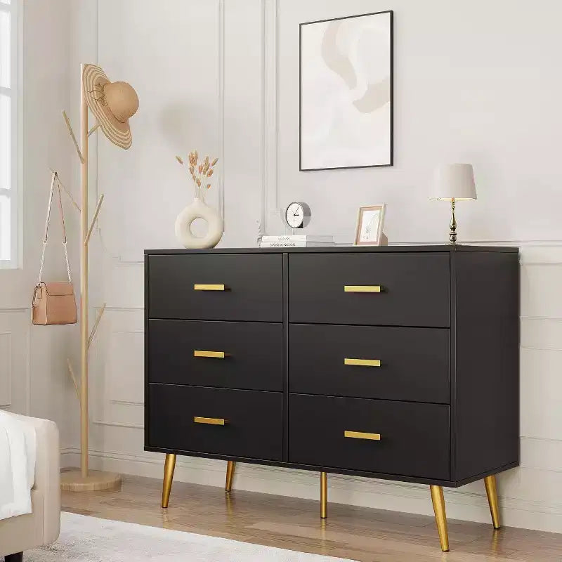 Modern 6 Drawer Dresser with Storage Space, Wooden Dresser with Gold Handles, Chest Dresser with Deep Drawers for Bedroom, Living Room, Office