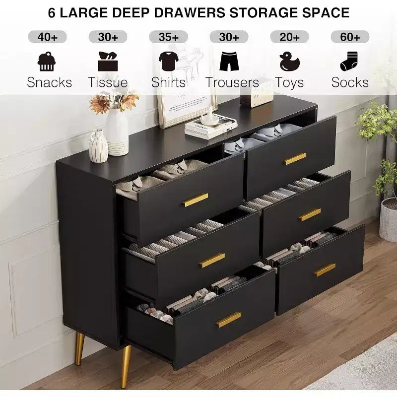 Modern 6 Drawer Dresser with Storage Space, Wooden Dresser with Gold Handles, Chest Dresser with Deep Drawers for Bedroom, Living Room, Office