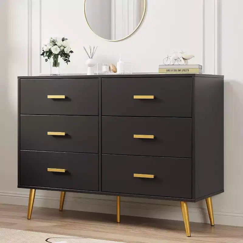 Modern 6 Drawer Dresser with Storage Space, Wooden Dresser with Gold Handles, Chest Dresser with Deep Drawers for Bedroom, Living Room, Office