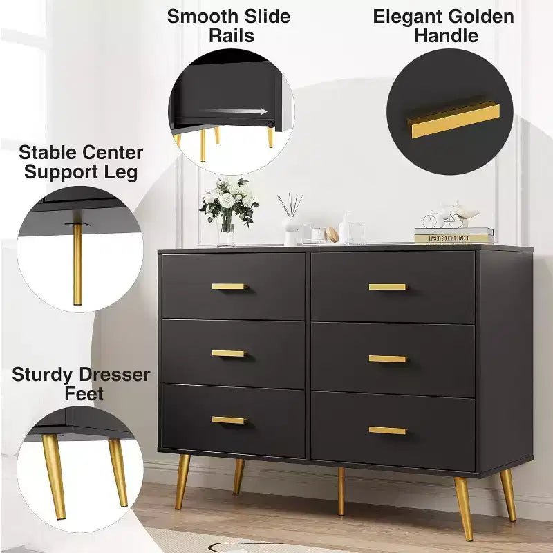 Modern 6 Drawer Dresser with Storage Space, Wooden Dresser with Gold Handles, Chest Dresser with Deep Drawers for Bedroom, Living Room, Office