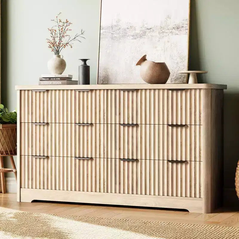 Fluted 6 Drawer Dresser, Modern Wooden Dresser with Wood Top, Sturdy Clothes Storage Cabinet for Bedroom