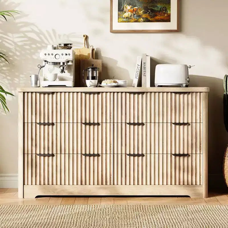 Fluted 6 Drawer Dresser, Modern Wooden Dresser with Wood Top, Sturdy Clothes Storage Cabinet for Bedroom