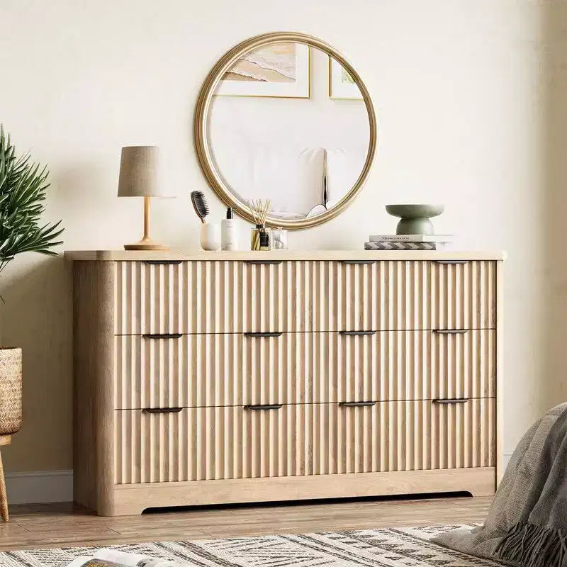 Fluted 6 Drawer Dresser, Modern Wooden Dresser with Wood Top, Sturdy Clothes Storage Cabinet for Bedroom
