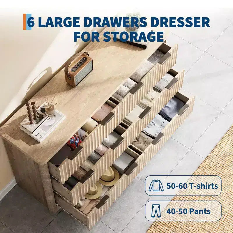 Fluted 6 Drawer Dresser, Modern Wooden Dresser with Wood Top, Sturdy Clothes Storage Cabinet for Bedroom