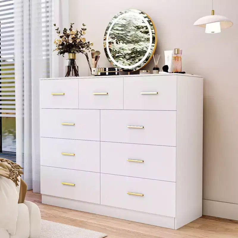 Karl Home 9-Drawer White Particle Board 47.24in. W Chest of Drawer