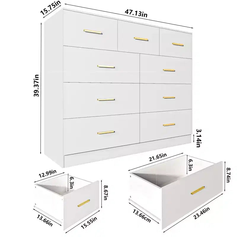Karl Home 9-Drawer White Particle Board 47.24in. W Chest of Drawer