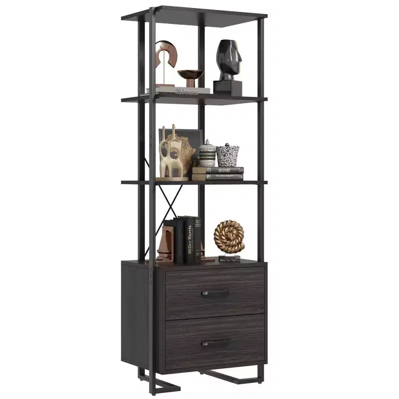 4 Tier Bookshelf with Storage Drawers,70.9 Inch Tall Industrial Book Shelf with Open Display Shelves