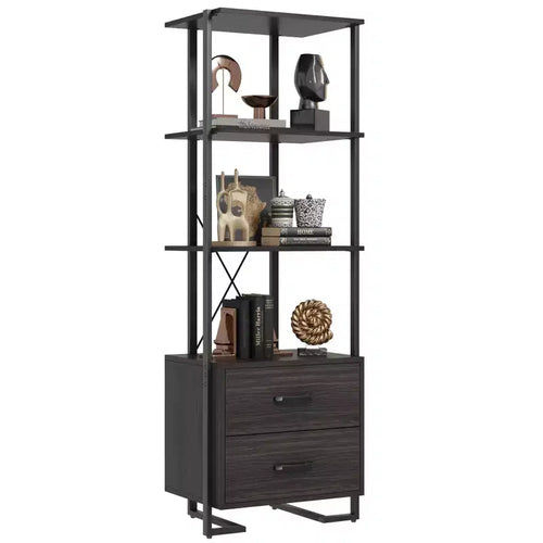4 Tier Bookshelf with Storage Drawers,70.9 Inch Tall Industrial Book Shelf with Open Display Shelves