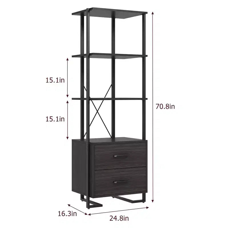 4 Tier Bookshelf with Storage Drawers,70.9 Inch Tall Industrial Book Shelf with Open Display Shelves