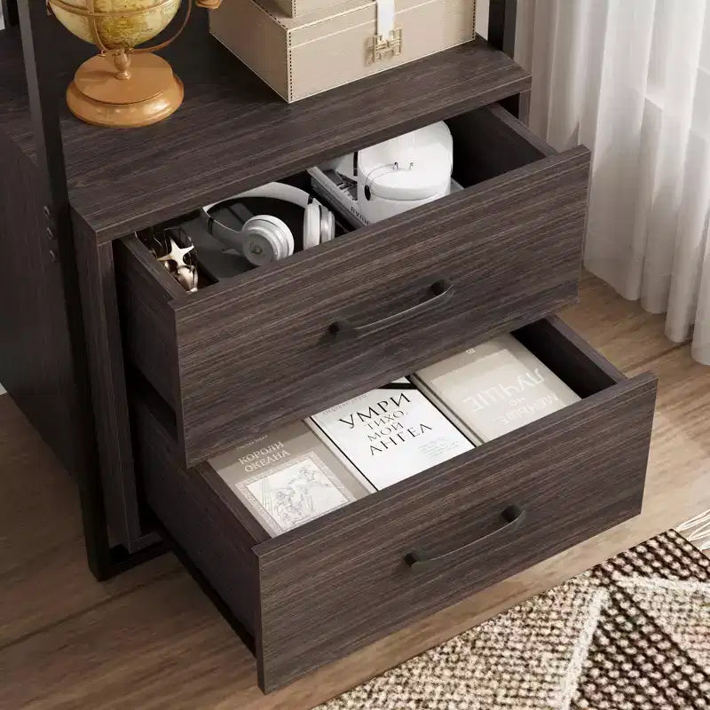 4 Tier Bookshelf with Storage Drawers,70.9 Inch Tall Industrial Book Shelf with Open Display Shelves