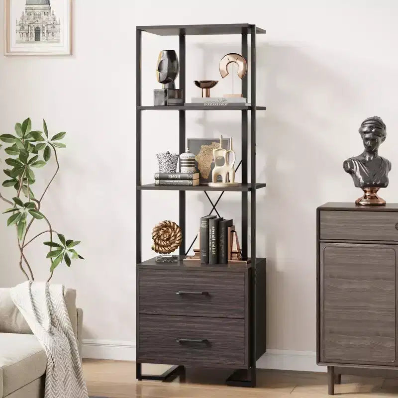 4 Tier Bookshelf with Storage Drawers,70.9 Inch Tall Industrial Book Shelf with Open Display Shelves