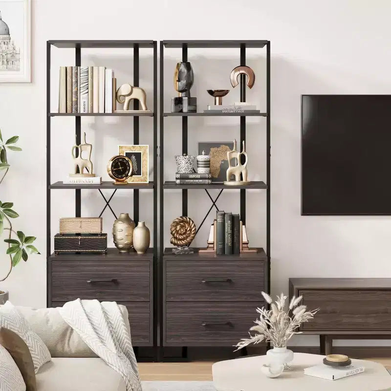4 Tier Bookshelf with Storage Drawers,70.9 Inch Tall Industrial Book Shelf with Open Display Shelves