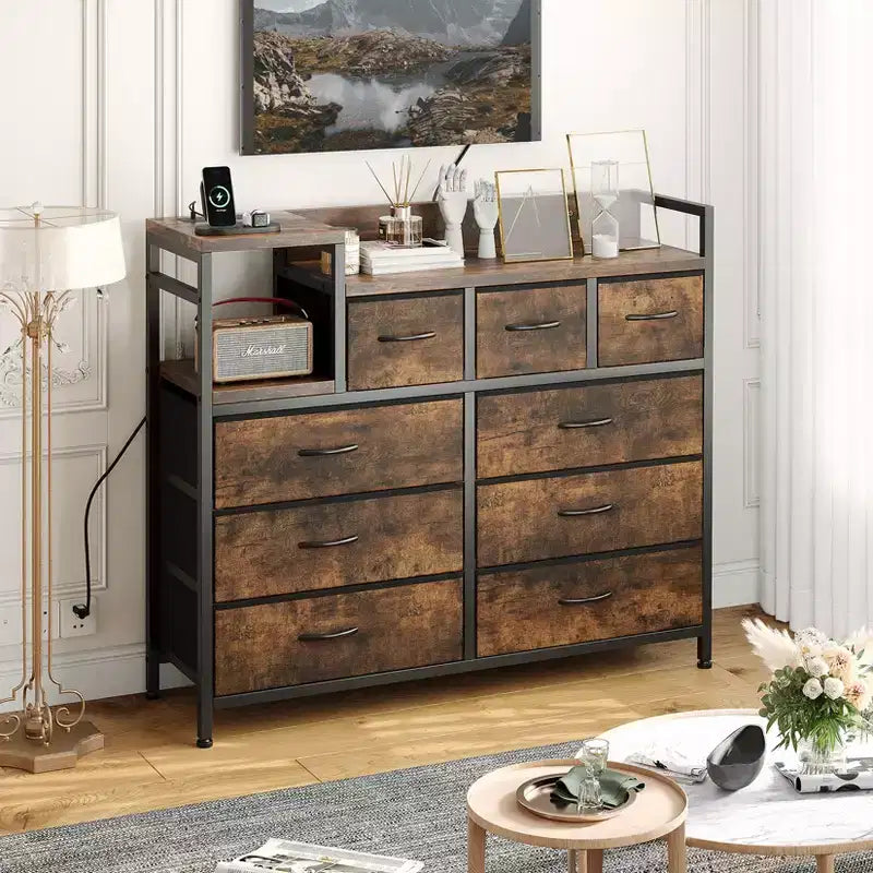 COZONY 34 Tall 9-Drawer Storage Dresser & TV Stand  Fabric Storage Tower,Sturdy Steel Frame Storage for Living Room Small Space Use
