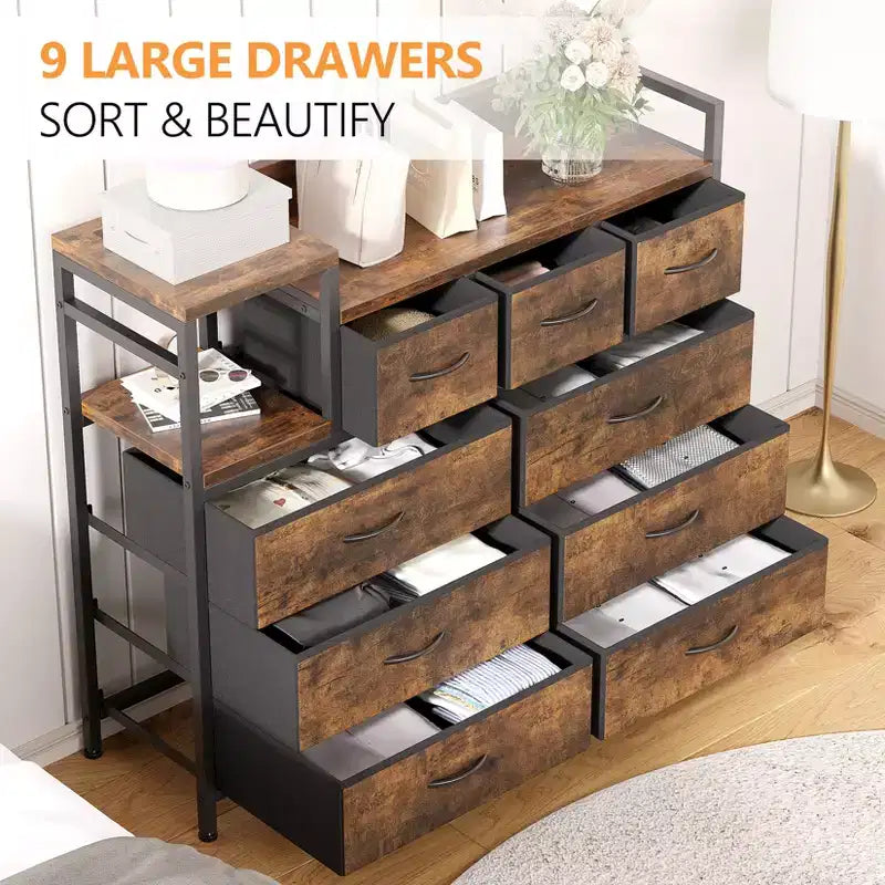 COZONY 34 Tall 9-Drawer Storage Dresser & TV Stand  Fabric Storage Tower,Sturdy Steel Frame Storage for Living Room Small Space Use