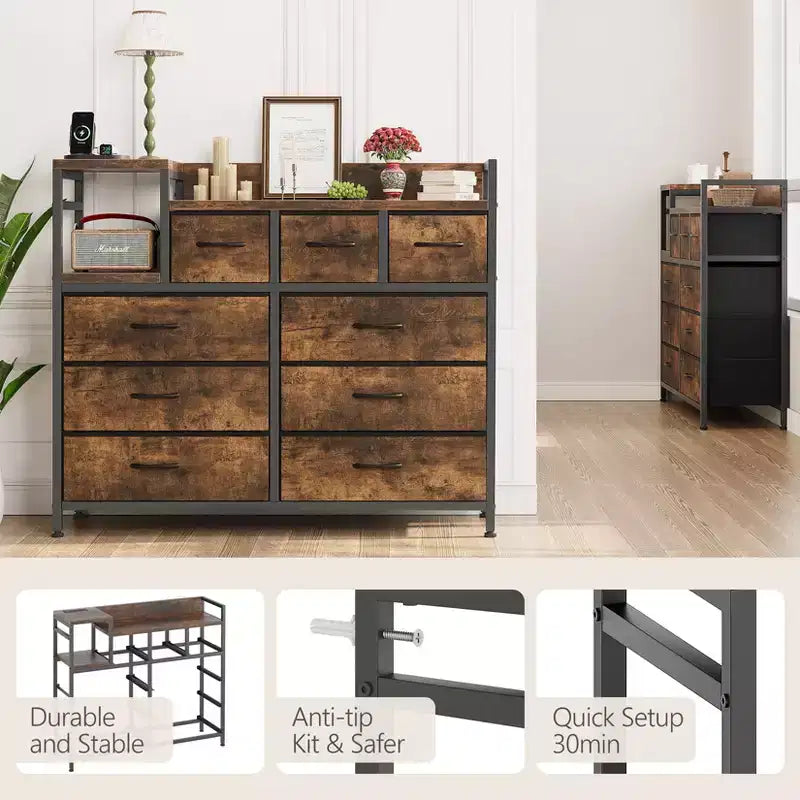 COZONY 34 Tall 9-Drawer Storage Dresser & TV Stand  Fabric Storage Tower,Sturdy Steel Frame Storage for Living Room Small Space Use