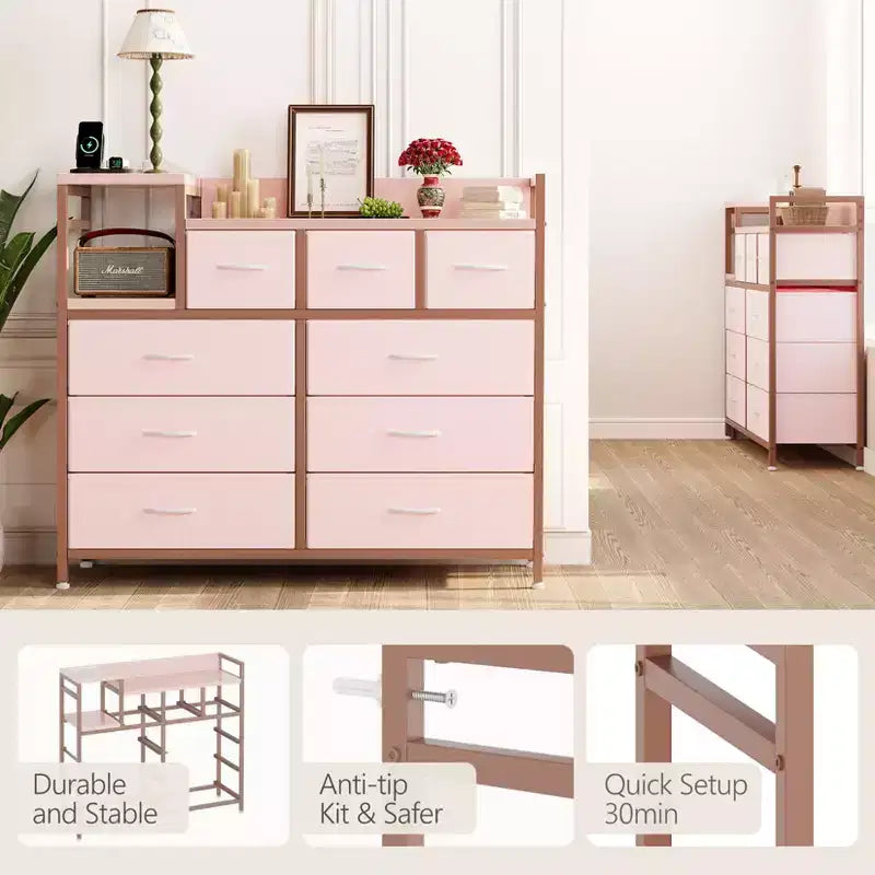 COZONY 34 Tall 9-Drawer Storage Dresser & TV Stand  Fabric Storage Tower,Sturdy Steel Frame Storage for Living Room Small Space Use