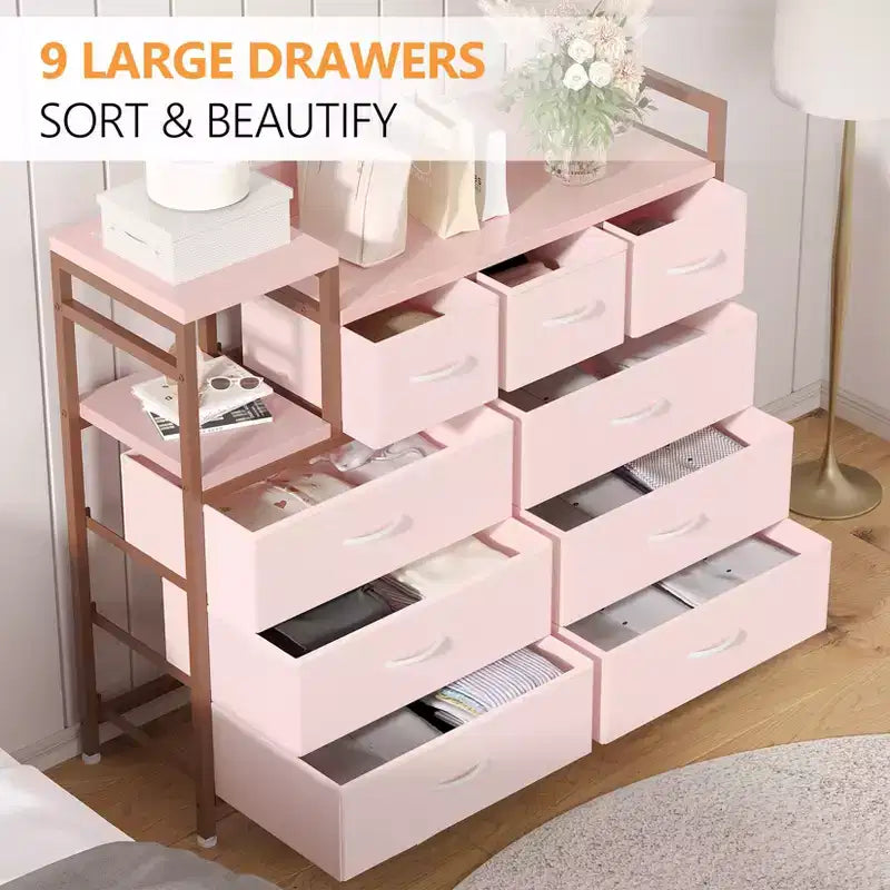 COZONY 34 Tall 9-Drawer Storage Dresser & TV Stand  Fabric Storage Tower,Sturdy Steel Frame Storage for Living Room Small Space Use