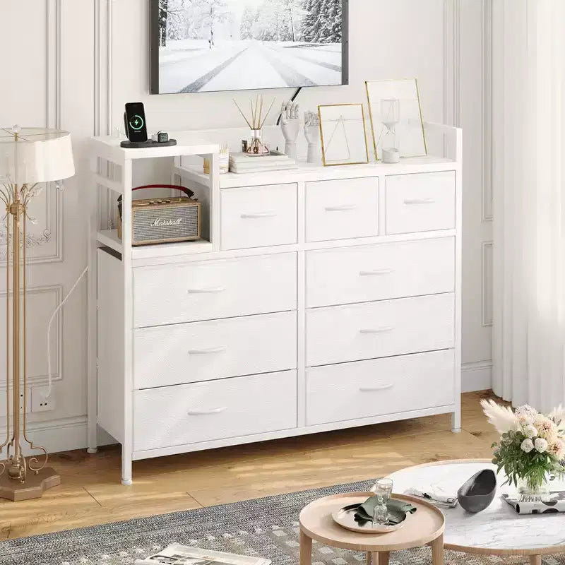 COZONY 34 Tall 9-Drawer Storage Dresser & TV Stand  Fabric Storage Tower,Sturdy Steel Frame Storage for Living Room Small Space Use