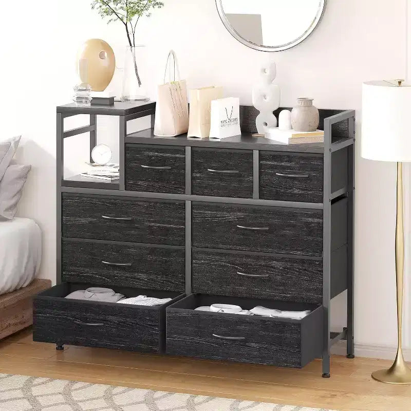 COZONY 34 Tall 9-Drawer Storage Dresser & TV Stand  Fabric Storage Tower,Sturdy Steel Frame Storage for Living Room Small Space Use