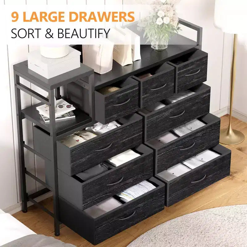 COZONY 34 Tall 9-Drawer Storage Dresser & TV Stand  Fabric Storage Tower,Sturdy Steel Frame Storage for Living Room Small Space Use