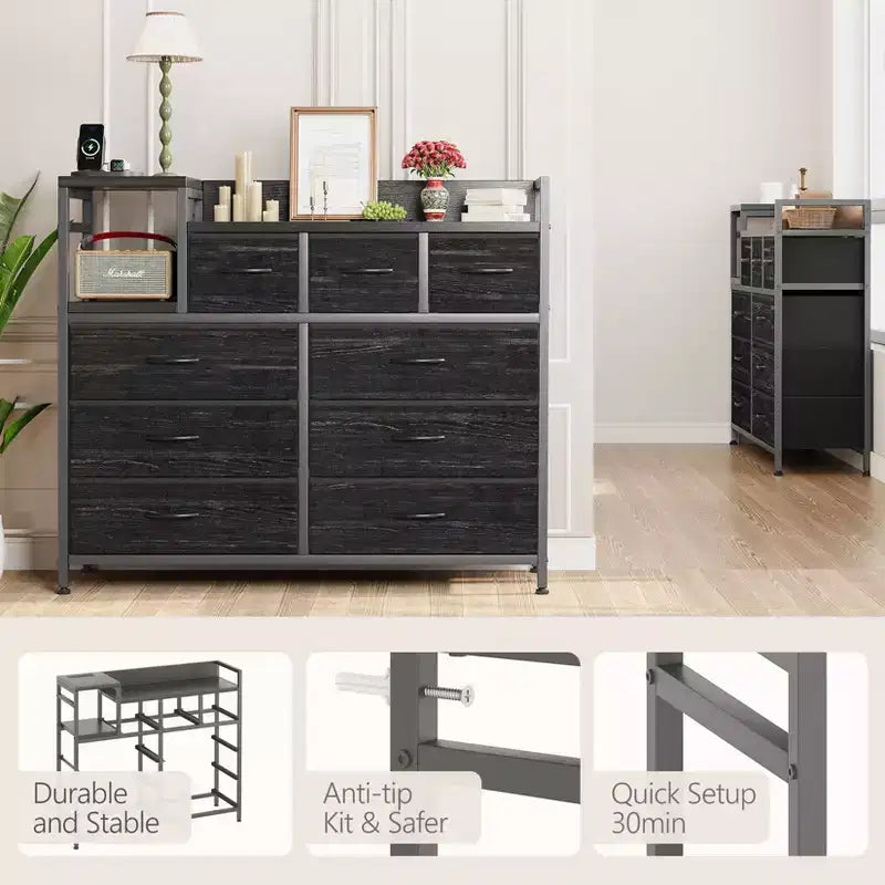 COZONY 34 Tall 9-Drawer Storage Dresser & TV Stand  Fabric Storage Tower,Sturdy Steel Frame Storage for Living Room Small Space Use