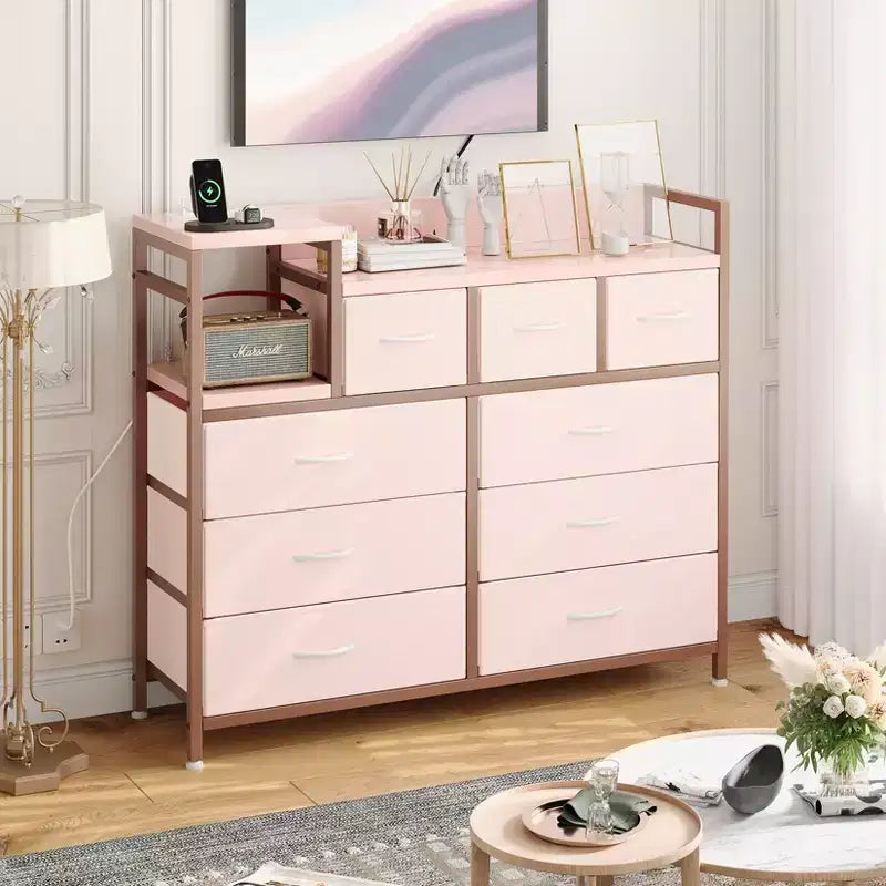 COZONY 34 Tall 9-Drawer Storage Dresser & TV Stand  Fabric Storage Tower,Sturdy Steel Frame Storage for Living Room Small Space Use