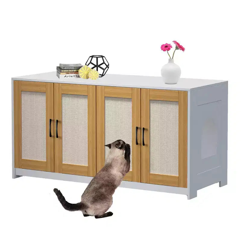 47.2 Large Hidden Cabinet with Sisal Doors, Multi-Functional Cat TV Stand/Side Table