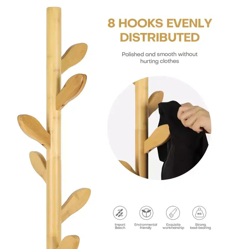Bekrvio Freestanding Coat Rack With 8 Leaf Hooks, 3-Size Height Adjustable Clothes Hanger for Jacket/Hat - Entryway,Corner, Bedroom