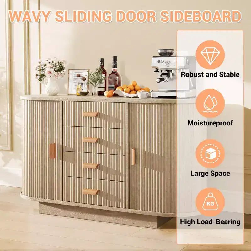 47 Kitchen Modern Fluted Sideboard Buffet Cabinet with Storage, Coffee Bar with Doors