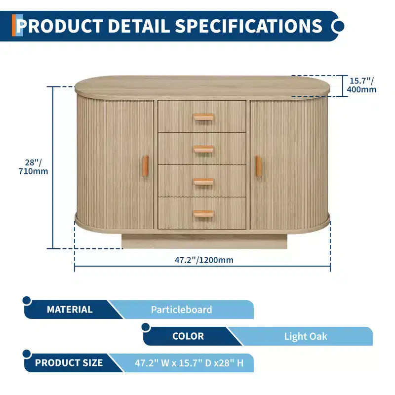 47 Kitchen Modern Fluted Sideboard Buffet Cabinet with Storage, Coffee Bar with Doors